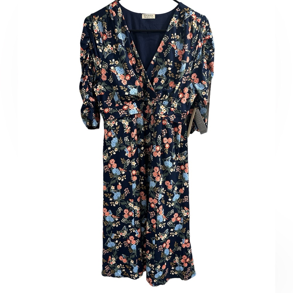 kiyonna dark floral ruched sleeves faux wrap midi dress